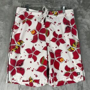 Hurley Mens Swim Trunks Board Shorts Red Floral Print White Yellow Size 34